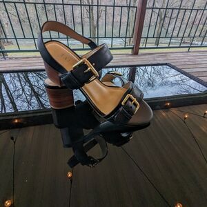 Talbots Shoe Womens sz 6 Black Leather Straps Block Heel Sandal Gold Buckles